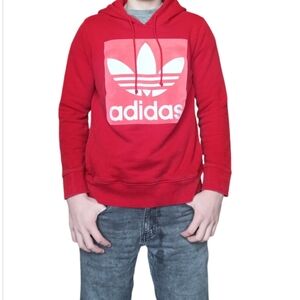 Adidas Unisex Red Hoodie Front Pouch Peach Velvet Logo Size M